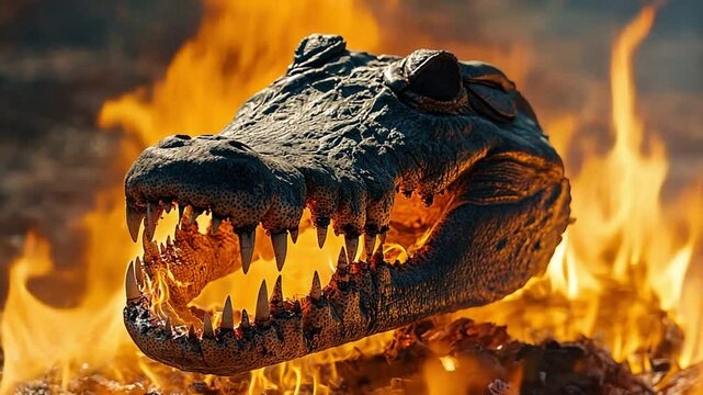 fosil tengkorak kepala buaya di lahap api footage