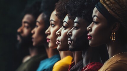 Profile view of a diverse group of individuals with natural hair, aligned in a row, looking forward