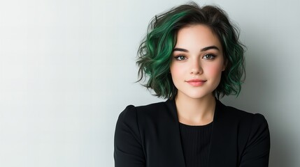 Fototapeta premium Young woman with green hair poses confidently in a stylish black outfit against a light background.
