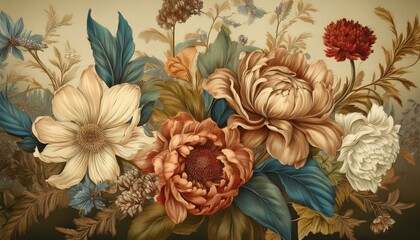 Fototapeta premium beautiful fantasy vintage wallpaper botanical flower bunch,vintage motif for floral print