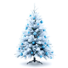 A flocked Christmas tree decorated with blue ornaments and warm white lights.