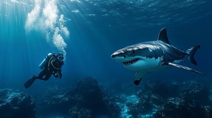 Fototapeta premium A diver swims gracefully in the clear blue ocean, closely observing a magnificent great white shark. Colorful coral formations can be seen in the background, illuminated by sunlight