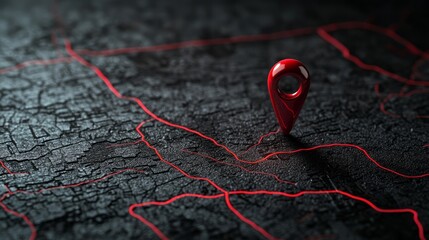 A bright red location marker highlights a point on a dark, textured map surface. Winding red lines represent routes, creating a striking visual in a digital environment