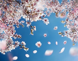 Cherry Blossom Petals in Blue Sky Spring Background