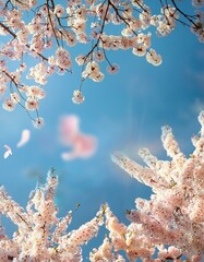 Cherry Blossom Petals in Blue Sky Spring Background