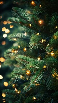 Capture the magic with this HD close-up video of a Christmas tree adorned with glowing garlands, creating a warm and festive holiday atmosphere, perfect for seasonal greetings and celebrations