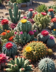 Fototapeta premium A group of colorful cacti arranged in a garden bed with other plants , nature, flower, colorful