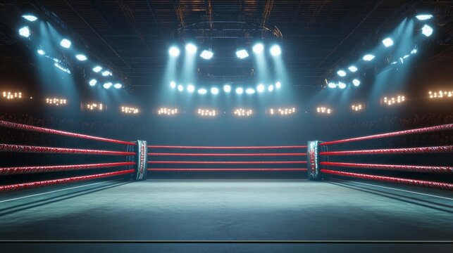 A boxing ring sits under intense lighting, with red ropes awaiting fighters. The clean background offers excellent copy space for event announcements or promotional material