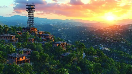 Obraz premium Sunset over mountain village with a tall tower.