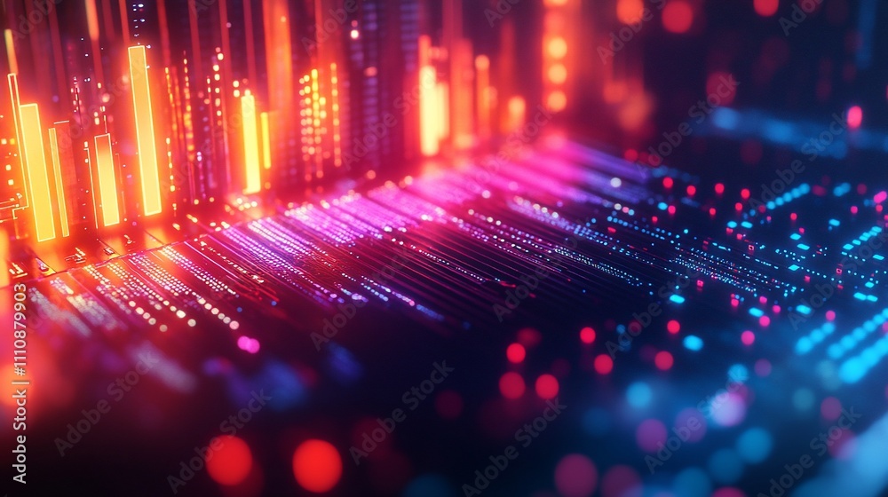 Poster abstract digital data flow with vibrant neon lights and glowing particles.