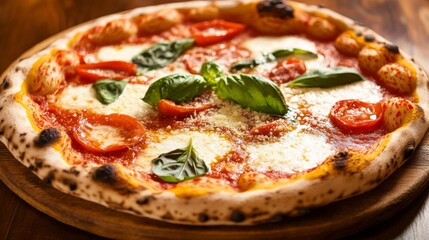 Photo of, A classic margherita pizza fresh out of the wood-fired oven, topped with San Marzano tomatoes