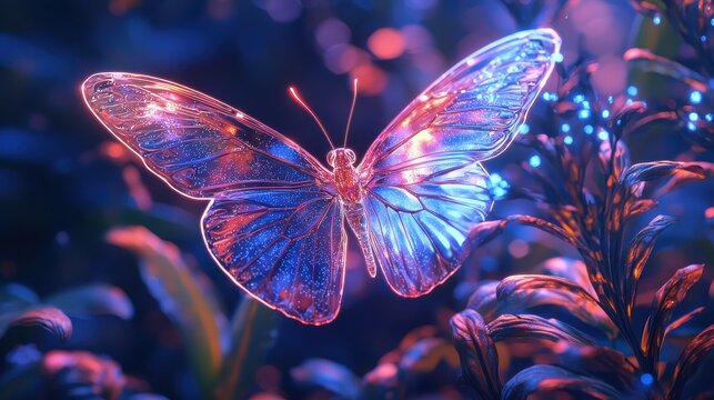 A cybernetic butterfly with holographic wings fluttering in a neon-lit forest. The translucent patterns on its wings pulse gently with light, blending perfectly with the bioluminescent plants. 
