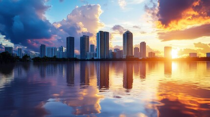 Obraz premium Breathtaking City Skyline Reflection During Sunset Over Calm Water with Dramatic Clouds and Vibrant Colors Enhancing the Urban Landscape