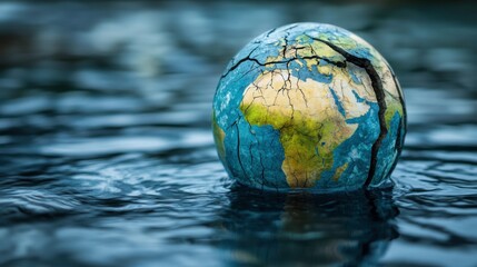 Cracked Planet Earth Globe Floating in Water, Signifying Environmental Issues, Climate Change, and Global Warming Challenges for Future Generations