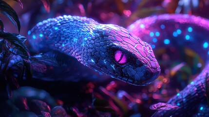 A cybernetic snake slithering through a neon-lit jungle, its glowing scales blending with the bioluminescent plants. The sleek design and vibrant setting capture a mix of mystery and technological 