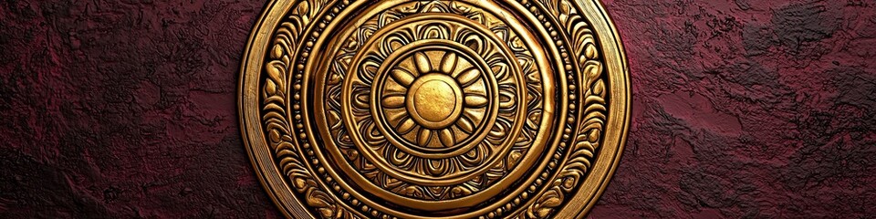 Fototapeta premium Intricate golden circular pattern with floral designs on a textured red background.