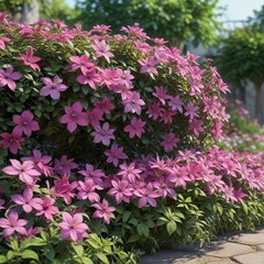Obraz premium A lush clematis flower bed filled with vibrant pink and purple blooms and green foliage , purple flowers, pink flowers,