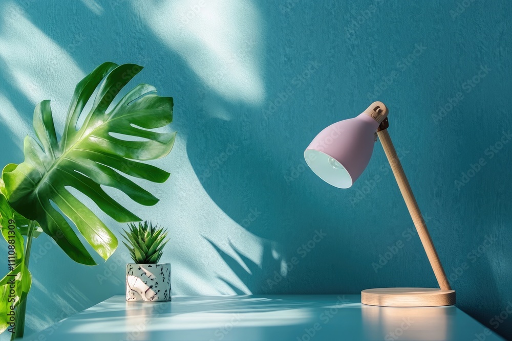 Wall mural Desk Setting With Plant Lamp And Teal Wall