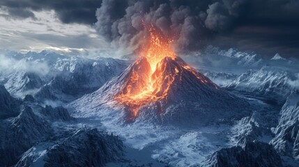 Majestic Eruption of a Volcano with Fiery Lava Flowing Down Snowy Slopes under Dark Clouds and Ash Plumes in a Breathtaking Mountain Landscape