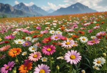 Fototapeta premium A lush green field filled with an assortment of colorful daisies , field, daisies
