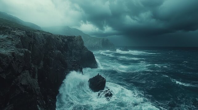 A dramatic cliffside overlooking a stormy ocean, with waves crashing against the jagged rocks below. The moody sky is filled with dark clouds, adding intensity and power to the natural scene 