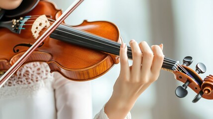 Fototapeta premium Close up on hand of unrecognizable female orchestra musician playing violin with bow during concert on stage, focus on hand and tailpiece