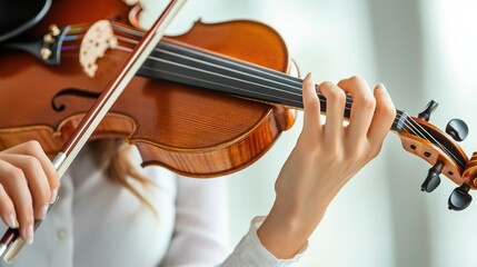 Close up on hand of unrecognizable female orchestra musician playing violin with bow during concert on stage, focus on hand and tailpiece
