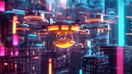 Futuristic drone delivering food over vibrant city.