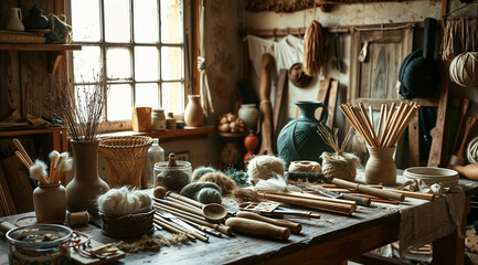 Embracing Nature: A rustic crafting room, captures a room dedicated to fiber art, showcasing a harmonious blend of creativity and sustainability.