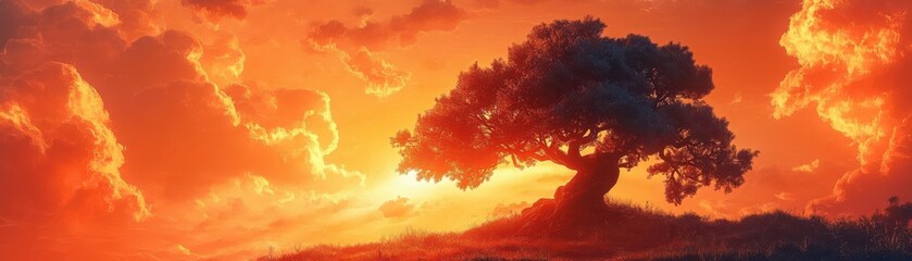 Fototapeta premium A striking tree silhouette, displaying the beauty of photosynthesis, against a glowing sunset sky in a digital art landscape