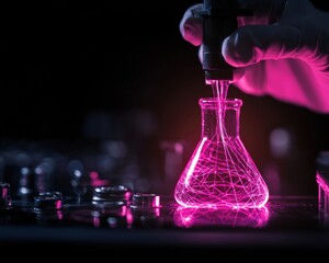 A hand is pouring a glowing pink substance into a flask, creating vibrant light trails against a dark laboratory backdrop.