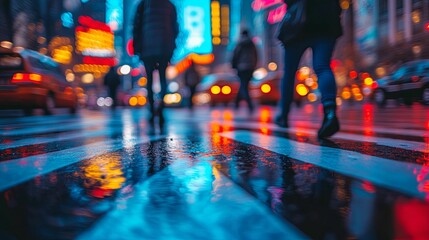 City Street Pedestrians Walking Night Rain Reflections