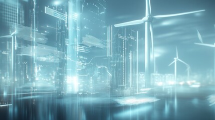 Obraz premium Futuristic cityscape with wind turbines and digital overlays.