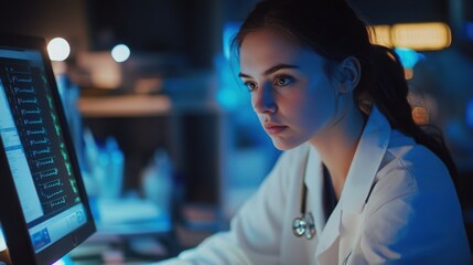 A young female doctor navigating patient files on a computer.