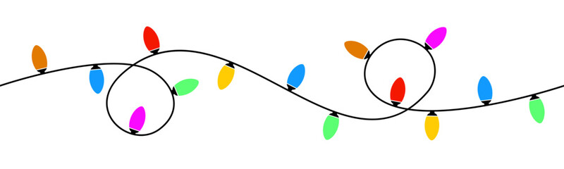 Christmas lights isolated, festive string of colorful holiday lights, Christmas decoration lights seamless design elements, glowing lights for greeting card design, bright garlands