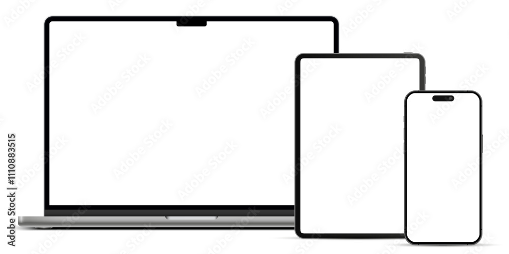 Poster Modern laptop computer, tablet pc and mobile phone mockup front view, notebook mockup and phone device mockup ui ux, digital devices screen template isolated on transparent