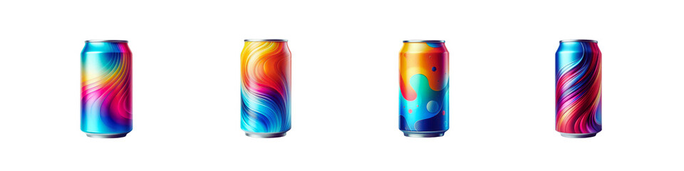 Fototapeta premium Set of Empty colorful beverage can, isolated over on transparent white background