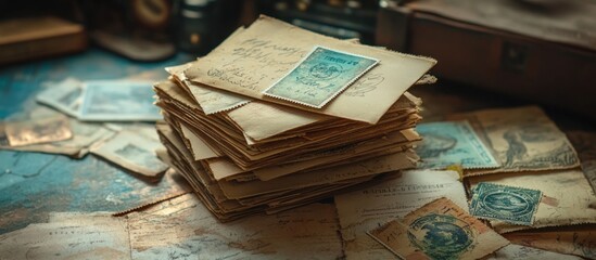 A stack of old vintage letters with stamps, and other pieces of paper and envelopes scattered on a wooden surface.