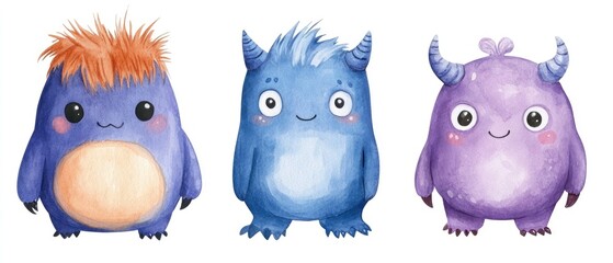 Three cute, colorful monster characters with playful expressions.