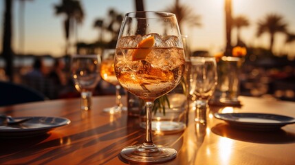 Fototapeta premium Glasses of rose wine with slices of lemon and orange on a table in a restaurant, at sunset, on the beach. The atmosphere of a romantic vacation.