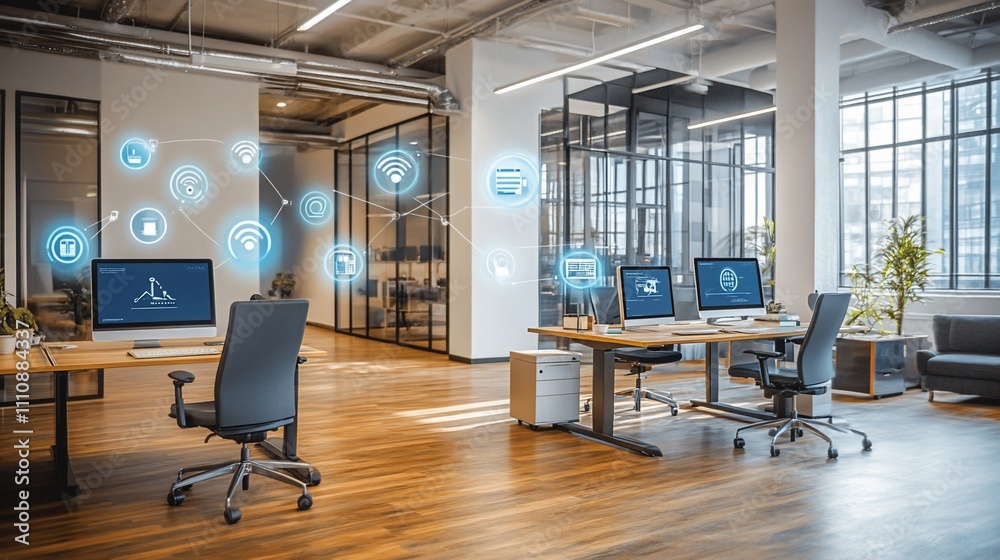 Poster Modern smart office with networked computers and IoT icons.
