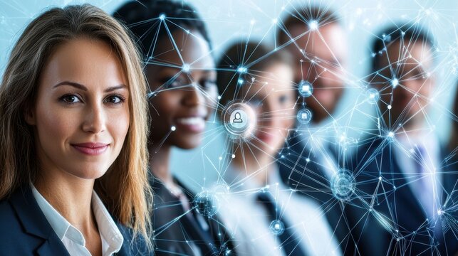 A professional group of diverse individuals in business attire, with a digital network overlay symbolizing connectivity and collaboration.