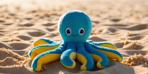 Obraz premium A plush octopus with vibrant colors sitting on sandy beach.