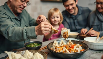 Family enjoying a meal together, sharing dumplings.