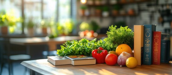 Fototapeta premium Fresh produce and cookbooks on a table in a kitchen.