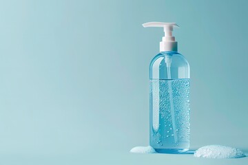 A close-up view of a minimalist clear pump bottle filled with blue gel liquid and a patch of thick white foam shampoo against a clear blue background, Generative AI.