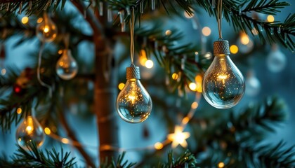 Illuminated glass ornaments hang on a decorated Christmas tree.
