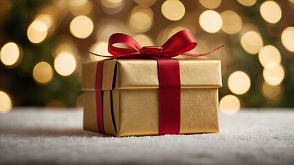 Gold Gift Box with Red Ribbon and Bokeh Lights