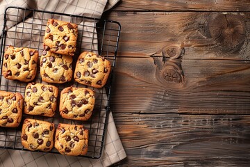 Freshly made chocolate chip cookies in an upward view and close-up on a cooling rack against a wooden backdrop with plenty of text space, Generative AI.