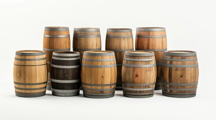 Fototapeta premium A collection of wooden barrels with different designs and sizes